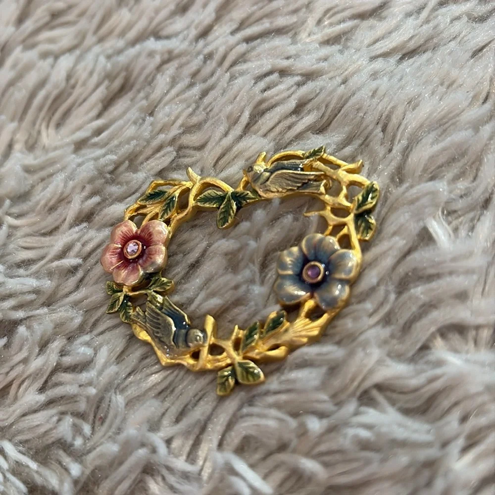 Vintage Kenneth Cole Enamel Floral Bird Gold Tone Heart Brooch Cottagecore